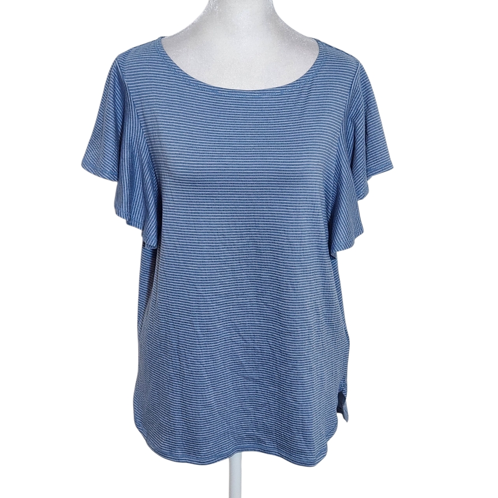 Max Studio Blue Striped Short Sleeve Tee NWT Suze Large Blue and White Top